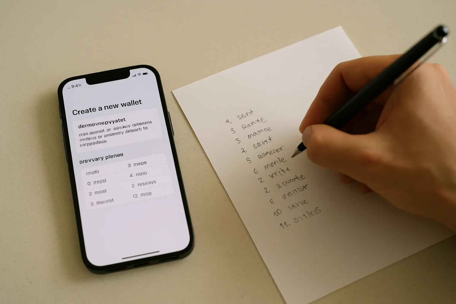 Une main écrit une phrase de récupération sur une feuille à côté d’un smartphone en cours de création de wallet, posé sur une table simple.