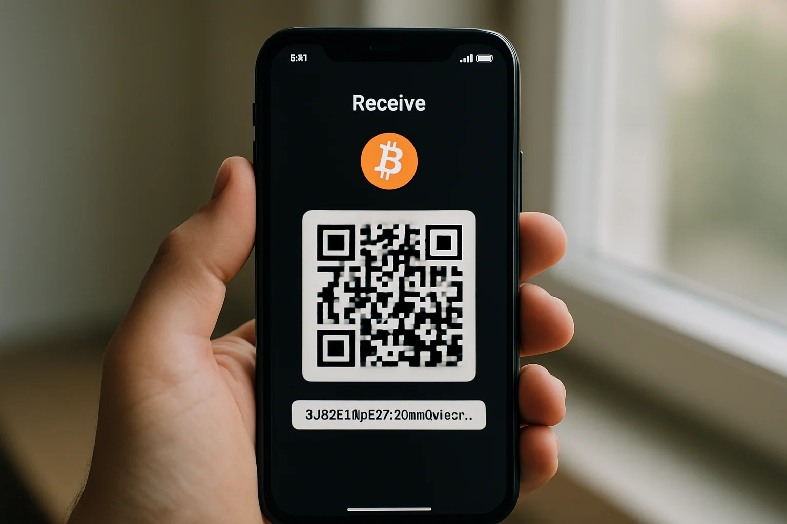 Un smartphone affiche un écran de réception Bitcoin avec un QR code et une adresse générée, tenu à la main près d’une fenêtre.