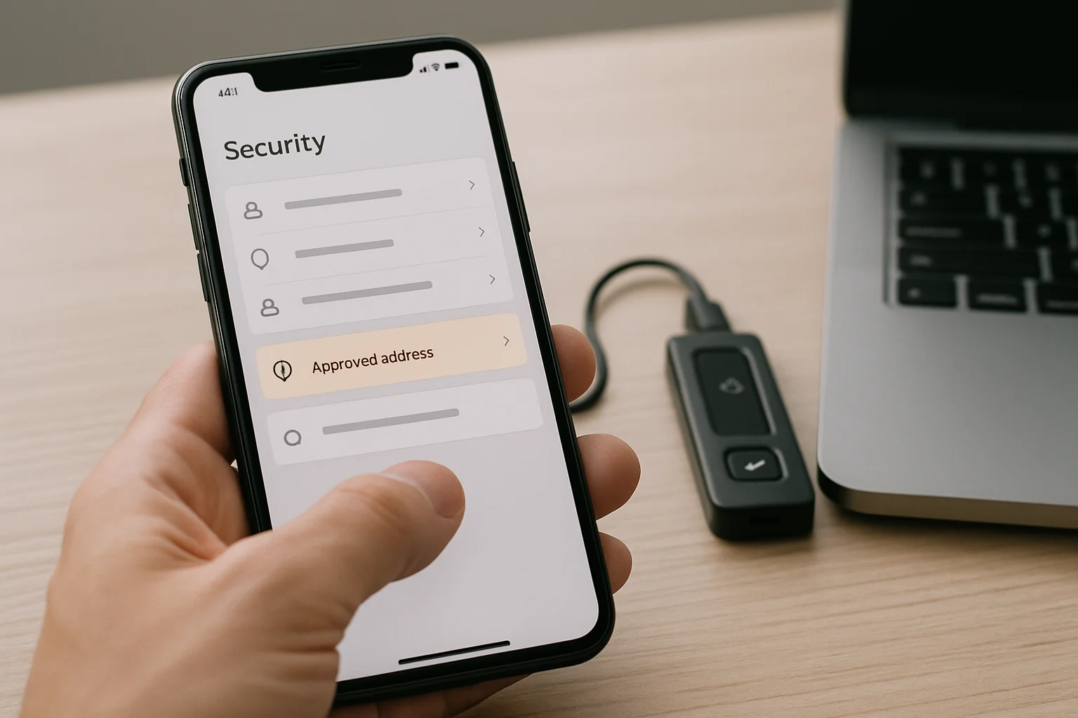 Un smartphone montre un réglage de sécurité pour approuver une adresse, posé à côté d’un hardware wallet et d’un ordinateur sur un bureau lumineux.
