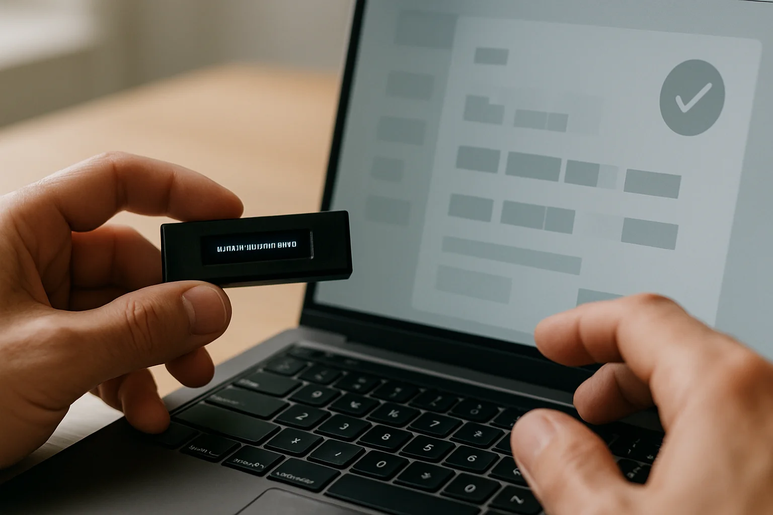 Des mains comparent les informations affichées sur un hardware wallet et un ordinateur avant un envoi, dans une scène de vérification attentive sur bureau.
