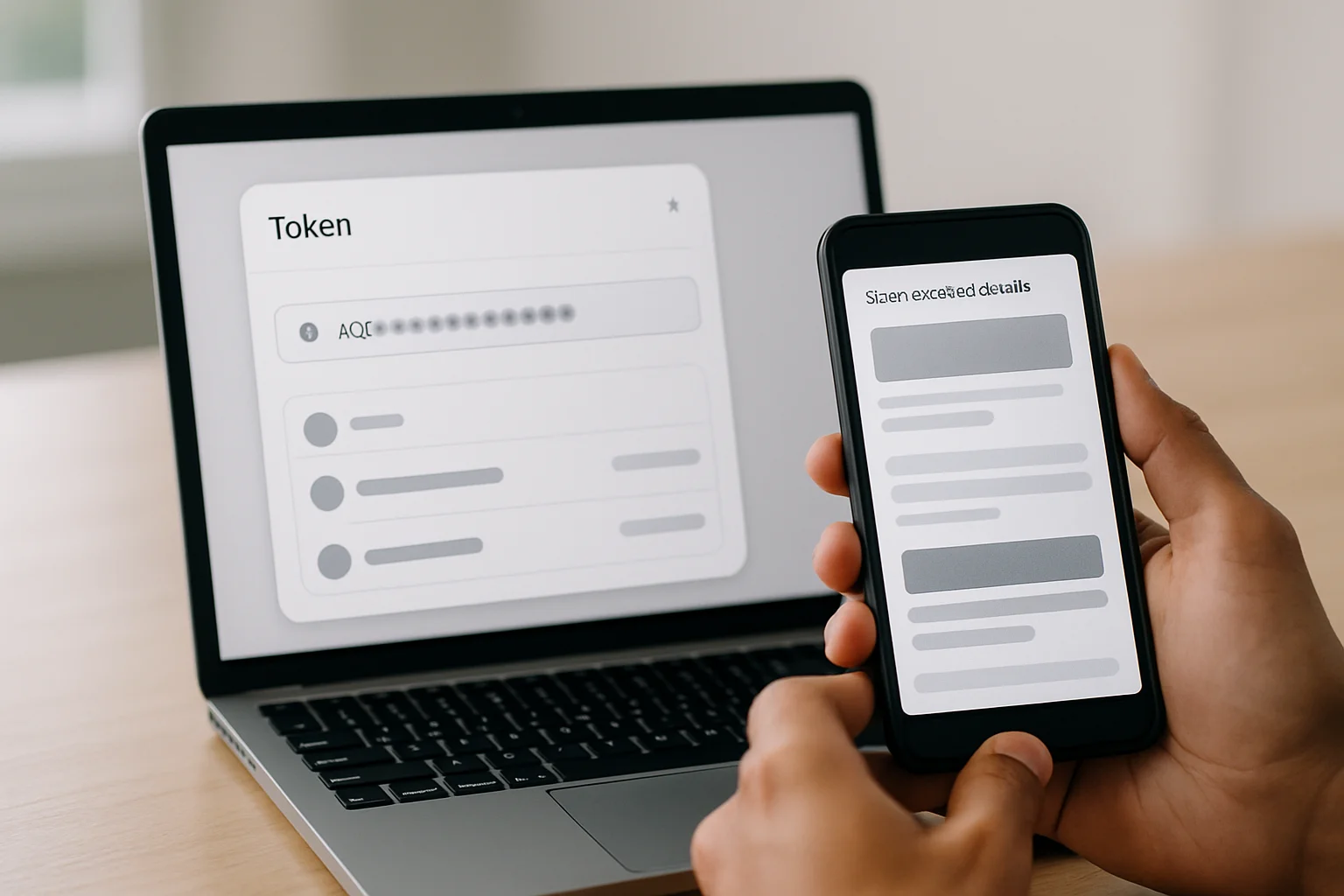 Un utilisateur compare sur un ordinateur et un smartphone les détails d’un token avant de le sélectionner, afin d’illustrer la vérification de l’adresse du token.