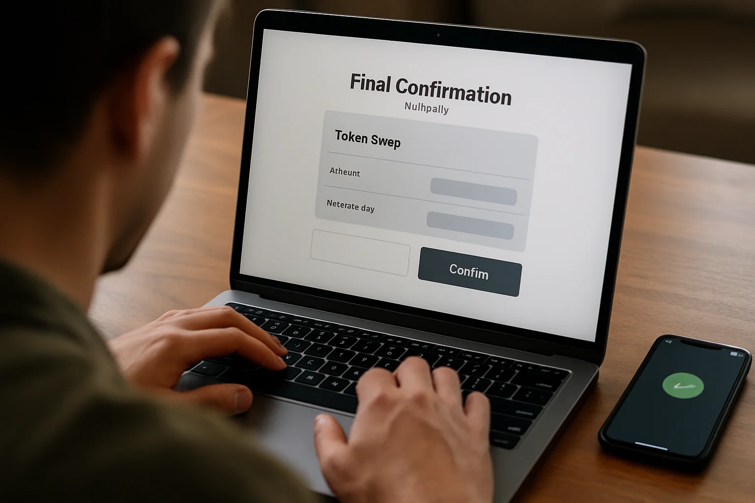 Des mains devant un ordinateur relisent les derniers éléments d’un swap avec un smartphone de portefeuille à proximité, juste avant la confirmation finale.
