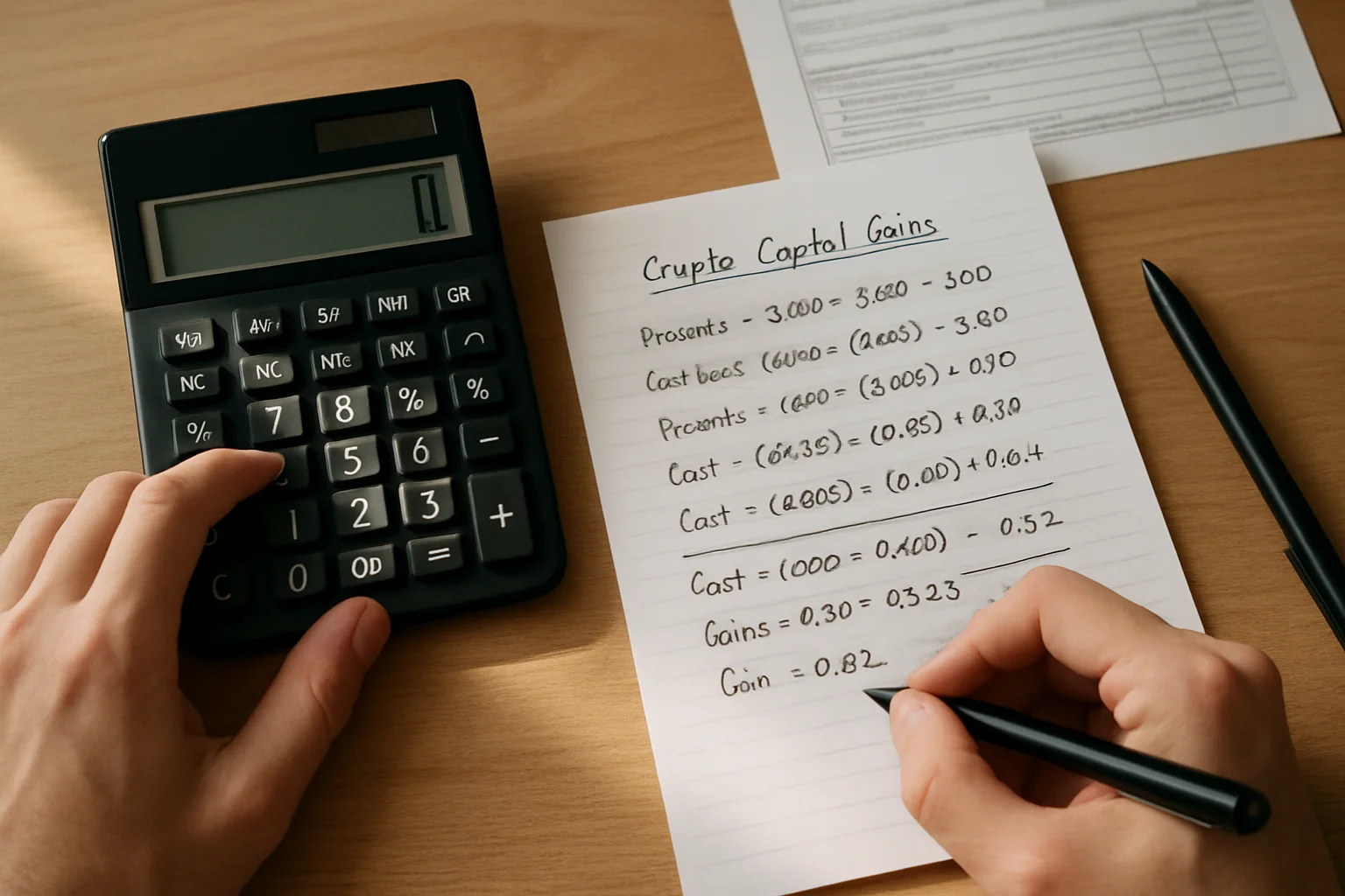 Vue de dessus de deux mains utilisant une calculatrice à côté d’une feuille avec des lignes de calcul manuscrites, un stylo et un formulaire imprimé partiellement visible.