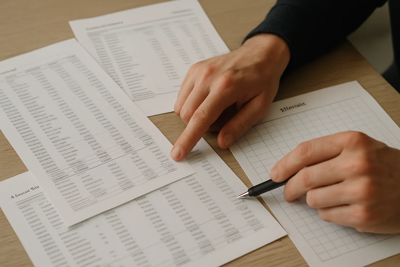 Mains au-dessus de plusieurs relevés imprimés étalés sur un bureau, l’une pointant une page et l’autre tenant un stylo au-dessus d’une feuille de calcul.