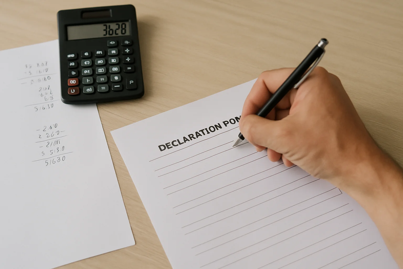 Main en train de reporter un résultat final sur un formulaire imprimé, avec une feuille de calcul et une calculatrice posées à côté.