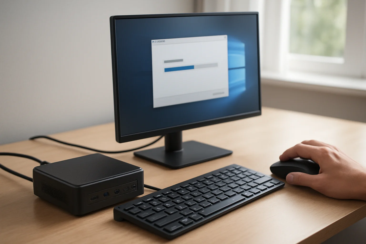 Mini-PC relié à un écran, un clavier et une souris pendant l’installation du logiciel, avec une main sur la souris dans un bureau sobre.