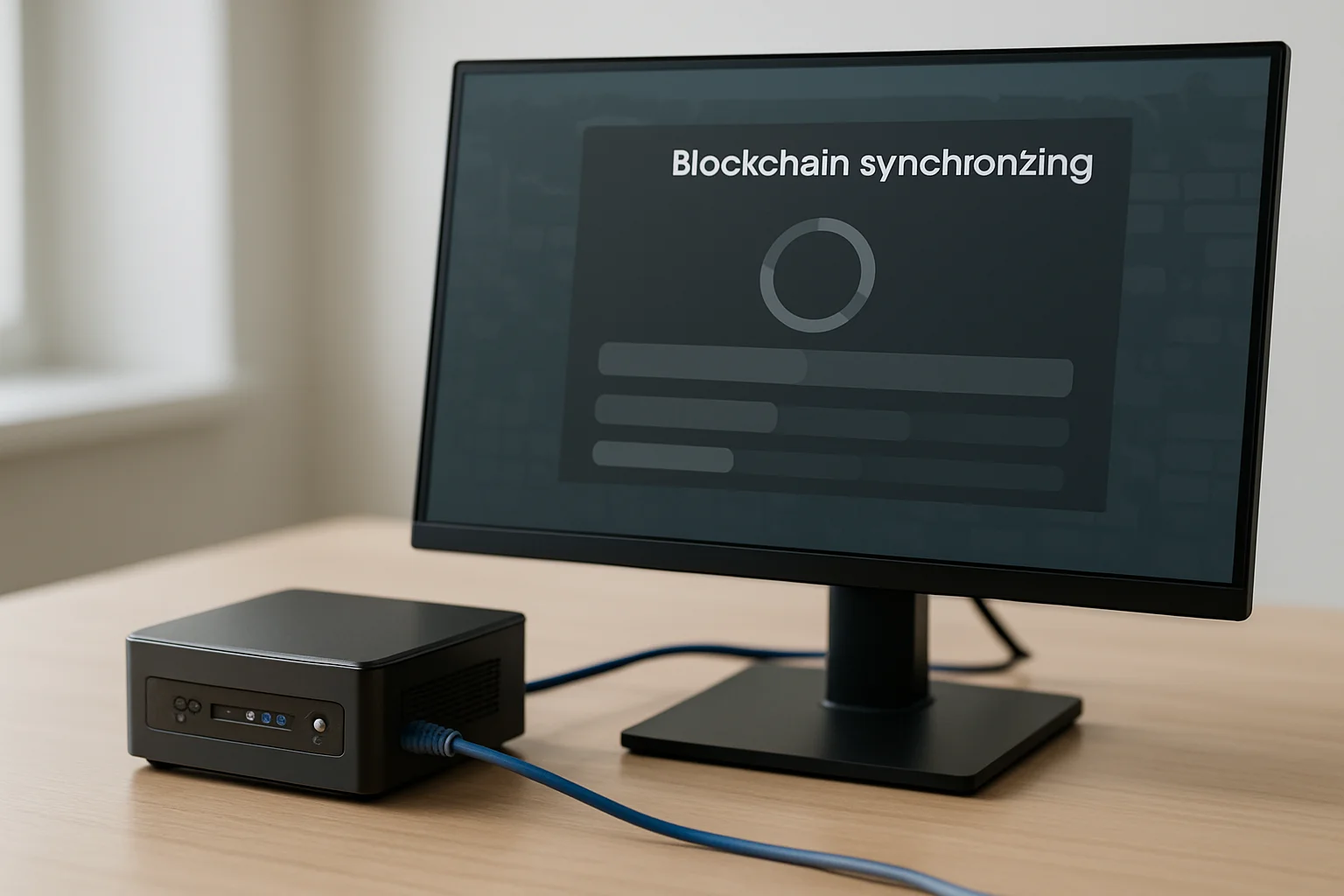 Mini-PC connecté au réseau local pendant la synchronisation initiale, avec une fenêtre de progression sans texte visible sur l’écran.