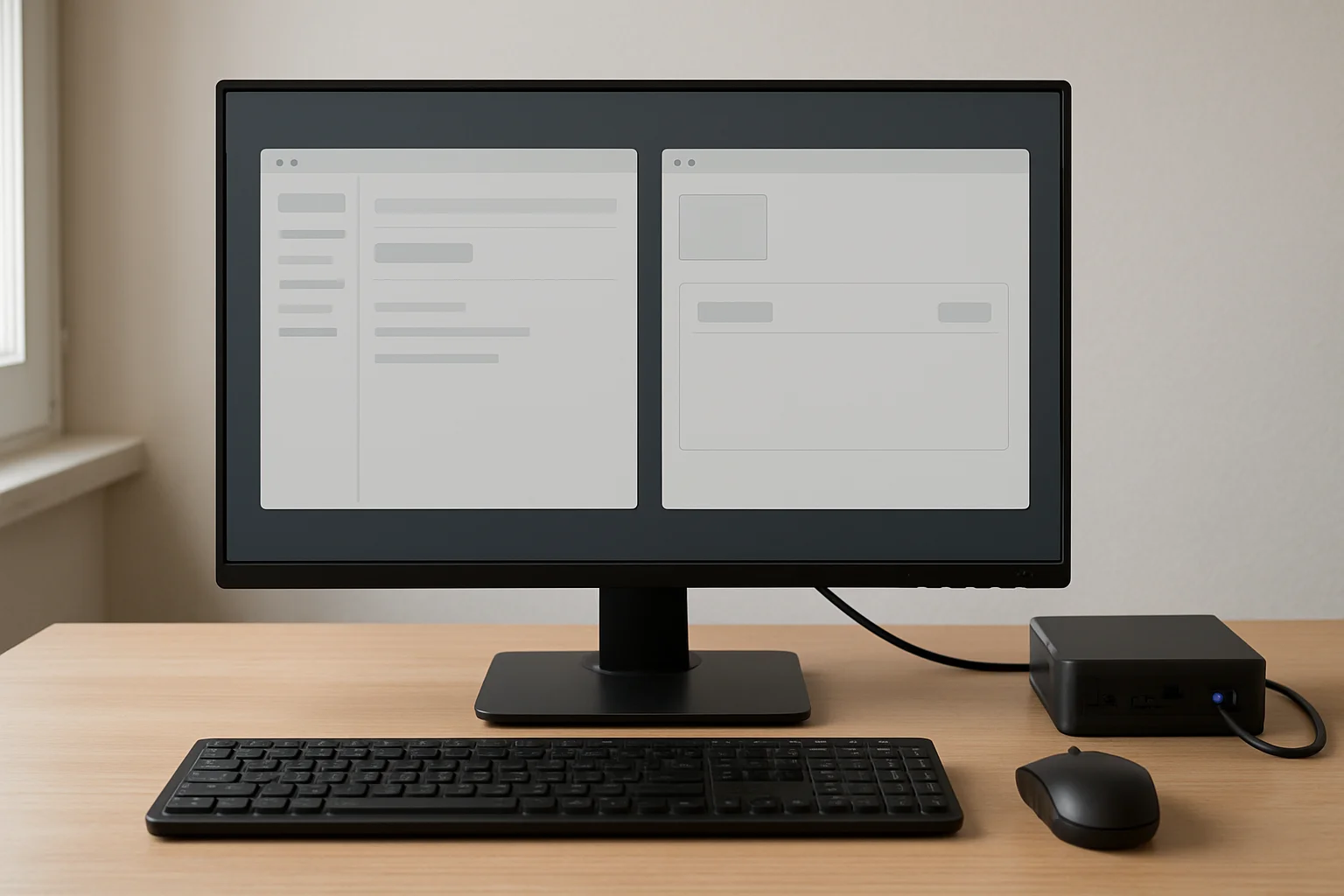 Écran affichant deux fenêtres logicielles sans texte pour illustrer la connexion d’un wallet Sparrow à un nœud local sur mini-PC.