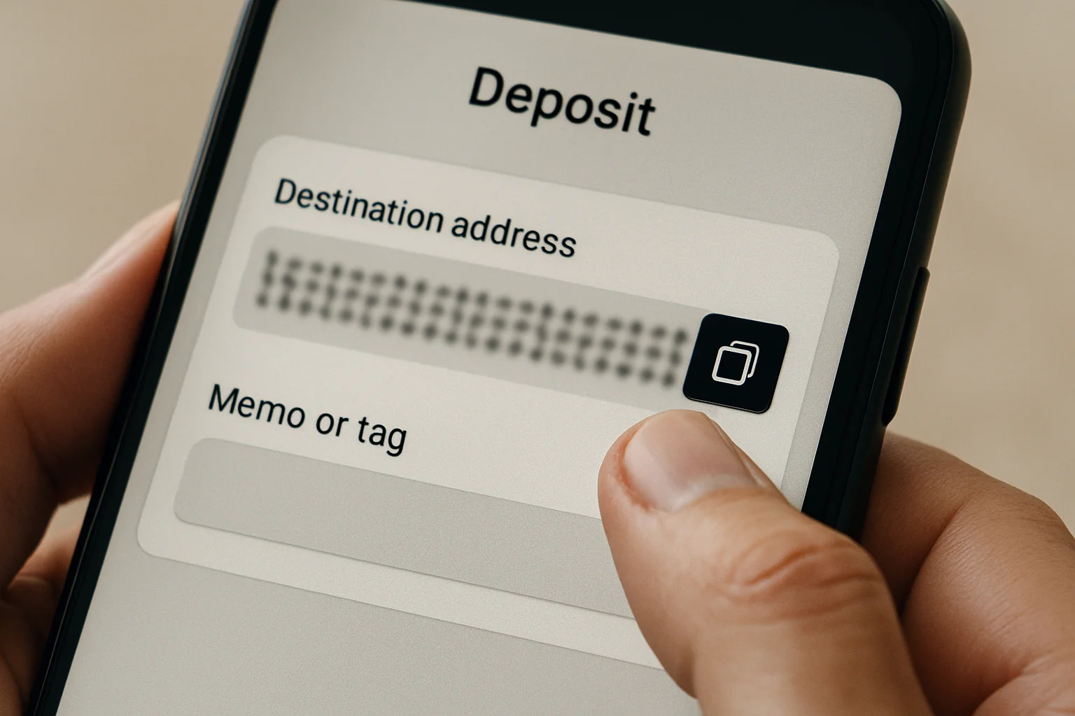 Gros plan réaliste d’un smartphone affichant un écran de dépôt avec un champ d’adresse de destination et un champ séparé pour le memo ou le tag, pendant qu’un doigt copie les informations.