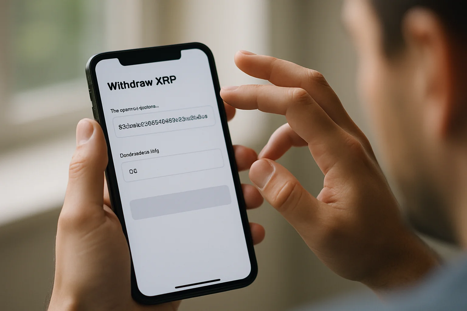 Vue réaliste d’un formulaire de retrait sur mobile pour du XRP, avec un champ d’adresse du destinataire et un champ de tag de destination renseignés séparément.