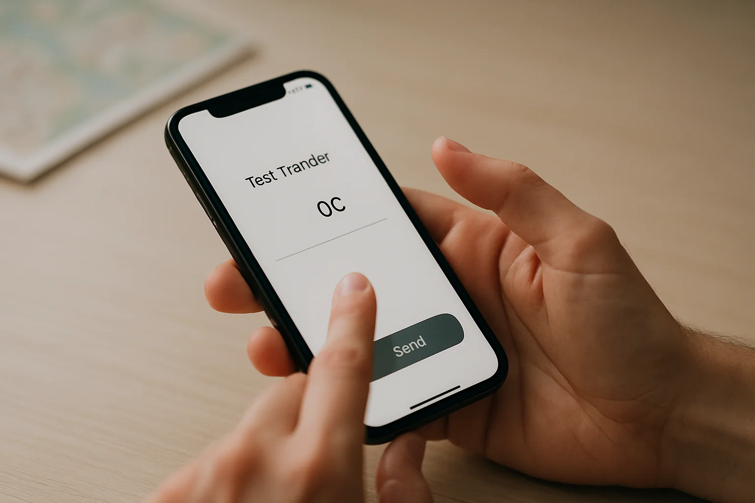 Photo réaliste d’une petite transaction test préparée sur smartphone, avec une main prête à confirmer l’envoi après vérification.