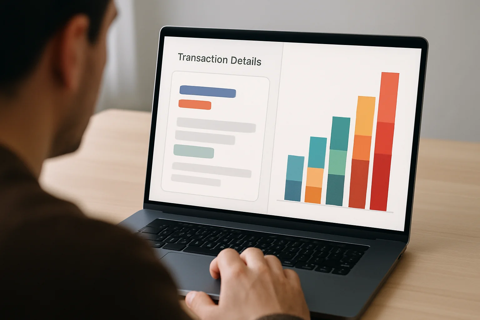 Une main utilise un ordinateur portable affichant une interface abstraite de transaction à côté de barres de niveaux de frais pour effectuer une comparaison visuelle.