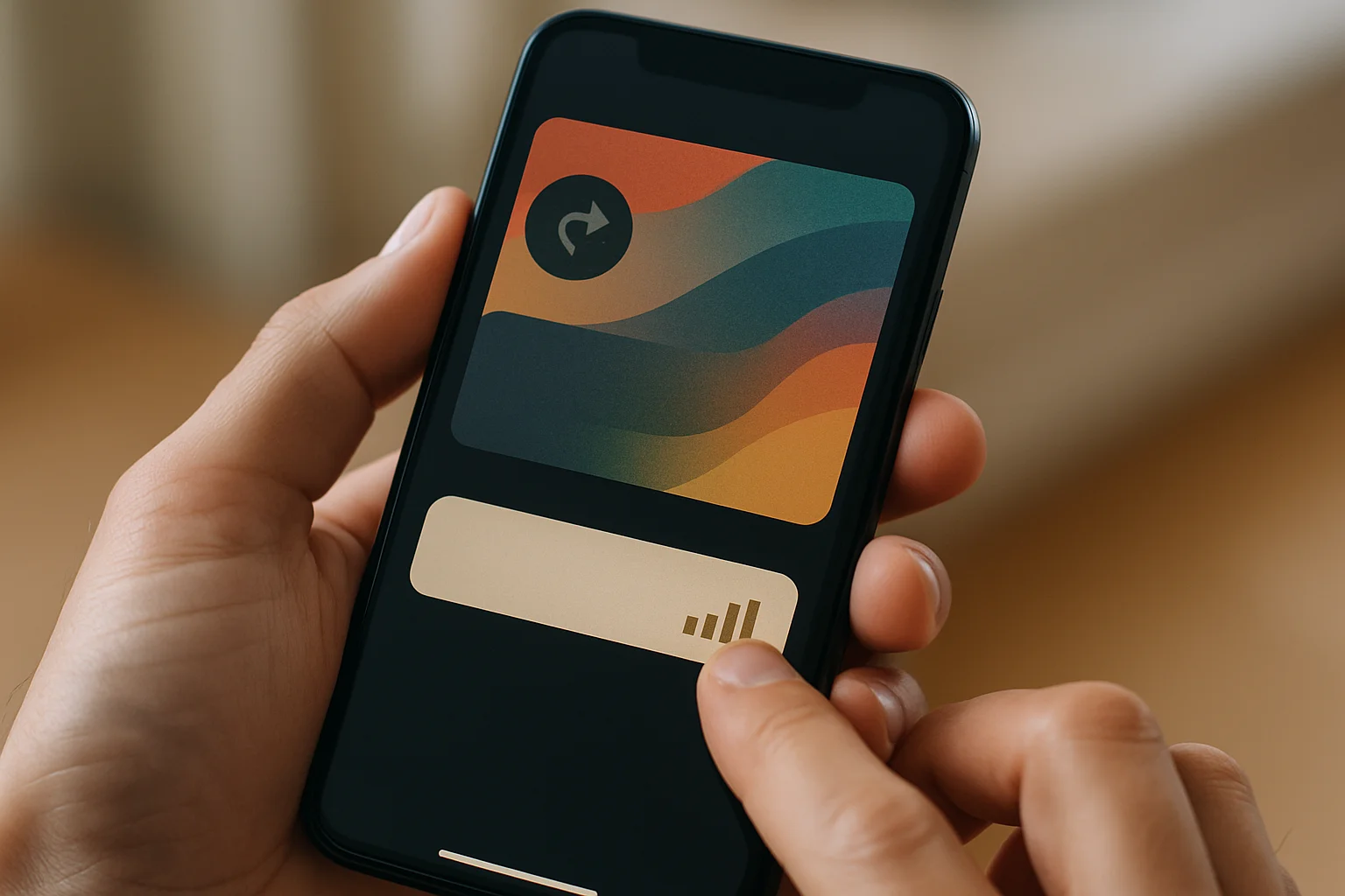 Deux mains manipulent un smartphone avec une transaction sortante en attente et une option visuelle de remplacement avec des frais plus élevés.