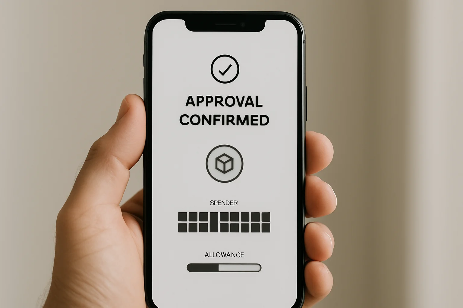 Gros plan sur un smartphone tenu en main affichant un écran d’autorisation avec une icône de jeton, une adresse de dépense abstraite et une limite d’autorisation représentée visuellement comme bornée.