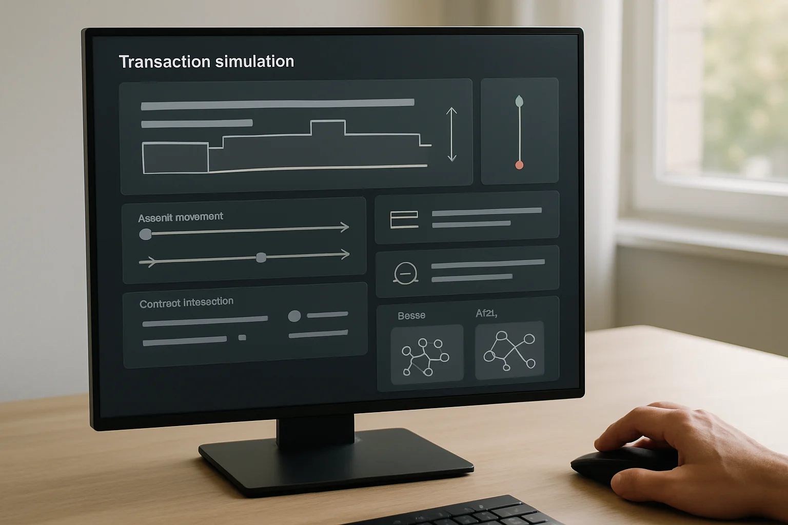 Scène réaliste d’un écran de bureau montrant un tableau de simulation de transaction centré sur les changements d’état, avec plusieurs panneaux comparatifs et des blocs d’interactions de contrat.
