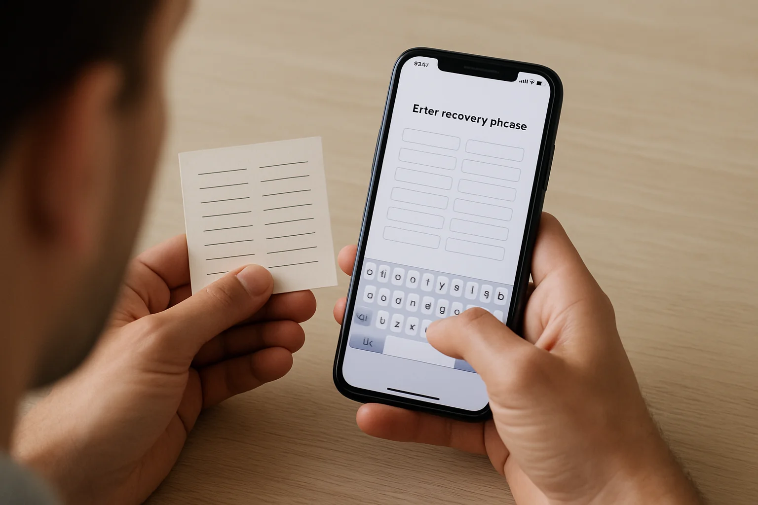 Des mains saisissent une phrase de récupération sur un smartphone tout en consultant une petite feuille posée à côté.