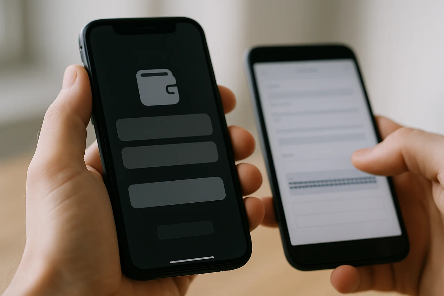 Une personne compare sur deux appareils une ancienne adresse de réception dans une interface de wallet sans texte lisible.