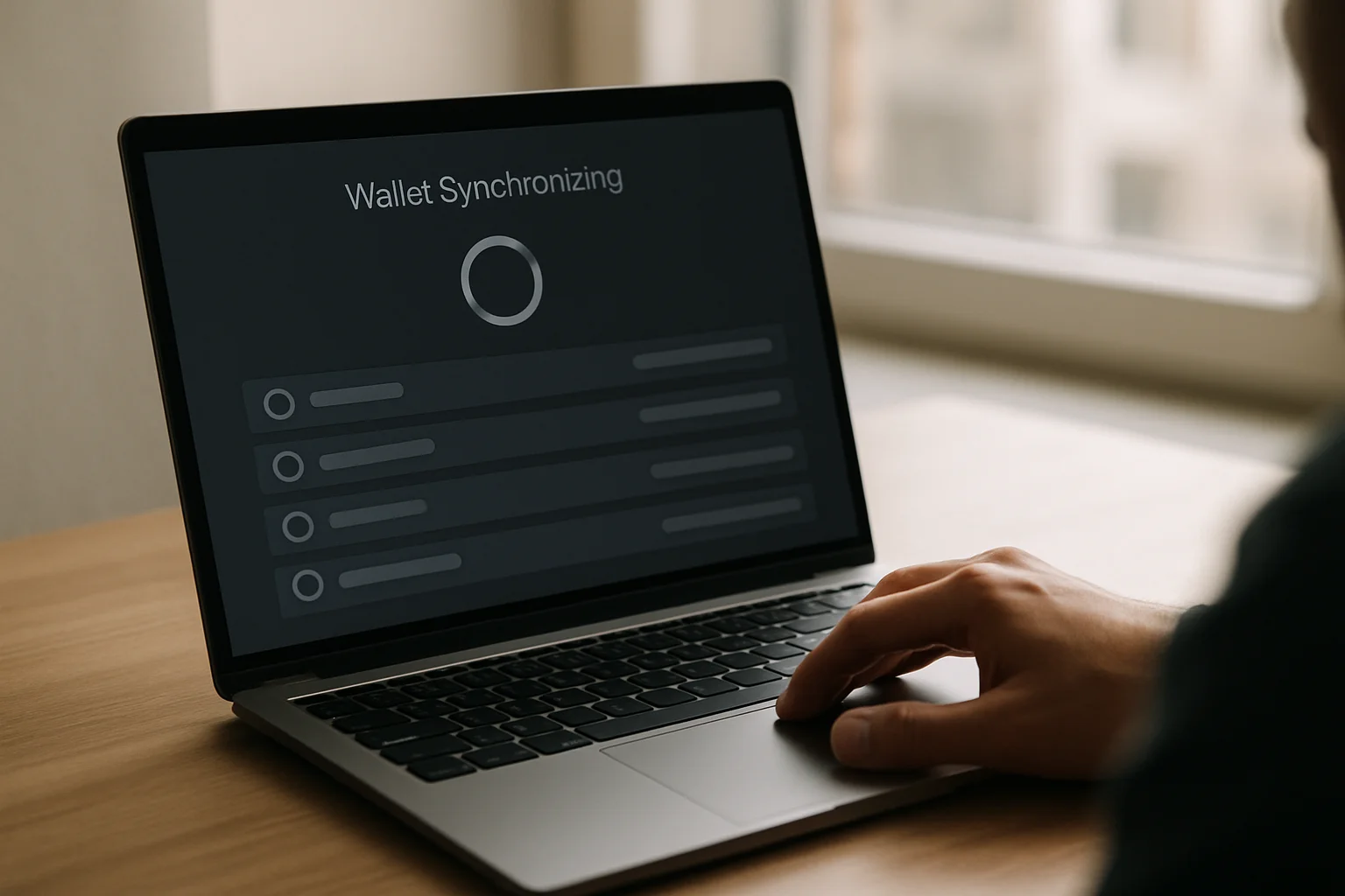 Une main utilise un ordinateur portable pour lancer la découverte des comptes et le rescan dans un wallet sans texte visible.