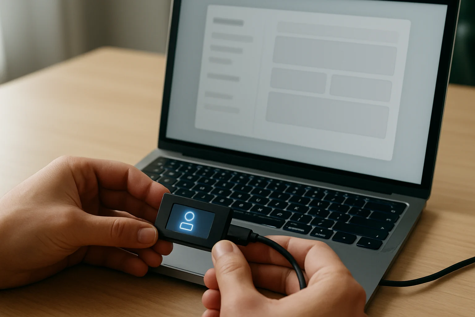 Des mains tiennent un hardware wallet relié à un ordinateur portable sur un bureau, avec des interfaces neutres visibles sans aucune inscription.