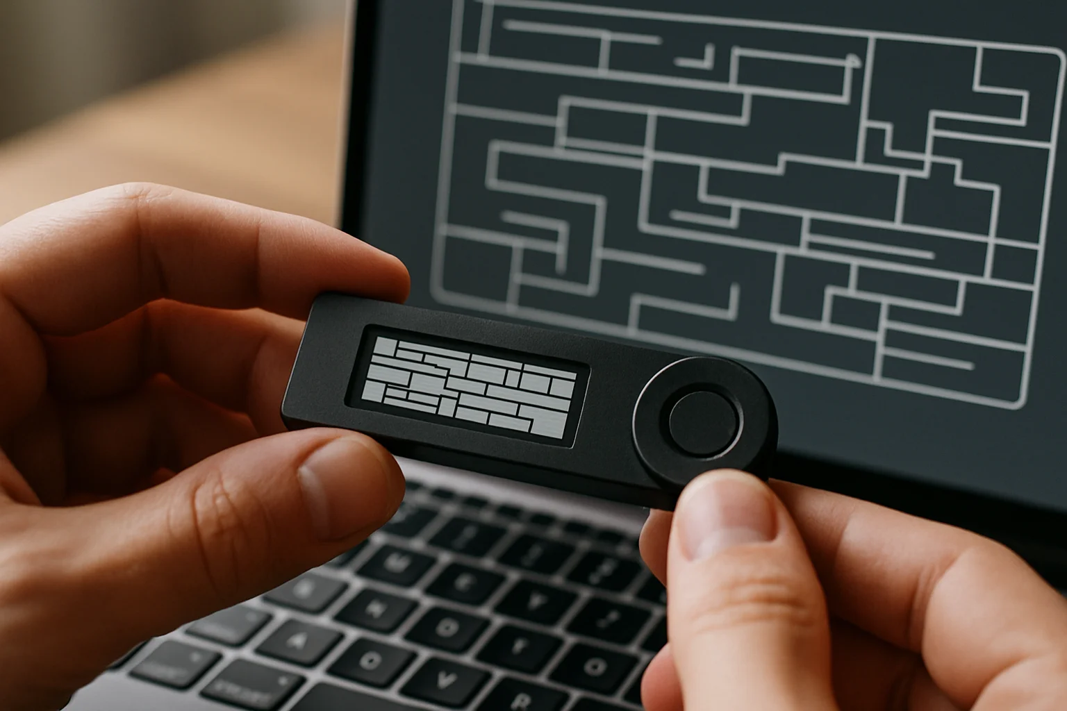 Une main compare l’écran d’un hardware wallet avec une application de portefeuille ouverte sur un ordinateur portable, sans texte visible.