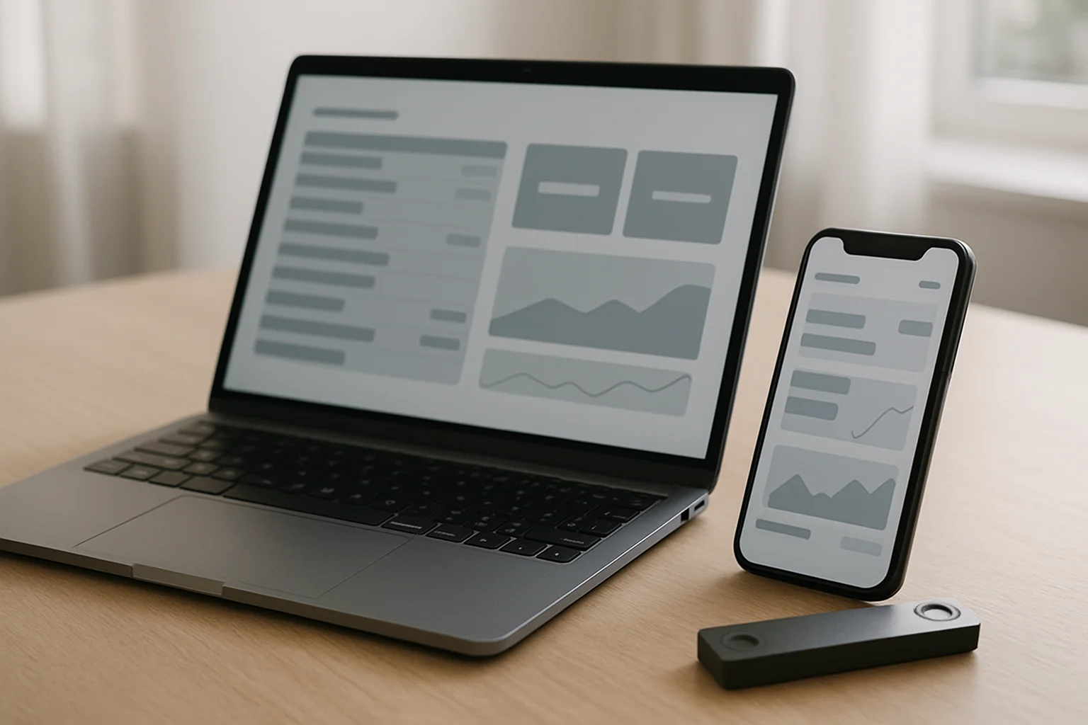 Un ordinateur portable et un smartphone affichent un suivi quotidien d’un portefeuille en mode observation, avec un hardware wallet posé à côté.